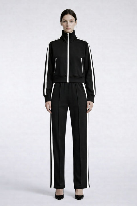 Soft Citizen Black Striped Tracksuit Set – Cropped Zip Jacket & Pleated Wide-Leg Pants