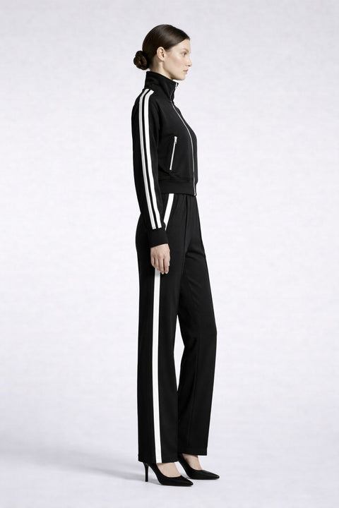 Soft Citizen Black Striped Tracksuit Set – Cropped Zip Jacket & Pleated Wide-Leg Pants