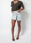 Frayed Hen Denim Shorts with Chains and Pockets.