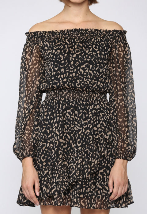Leopard Print Off Shoulder Ruffle Dress
