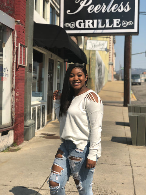 Weekend Goals-Distressed Knit Top